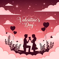 Valentine&rsquo;s Day Social media post vector with heart-shaped chocolate box, red roses, and satin ribboned gifts
