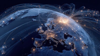 Global Network Visualization: Earth with Data Connections and Bright Points Representing Communication and Digital Infrastructure.