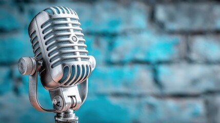 A silver vintage microphone in front of a blurred red brick wall with copy space