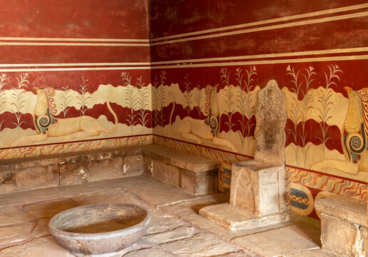 The hall of the throne in the Minoan Palace of Knossos. Ancient ruines of famouse Knossos palace at Crete island. Greece.