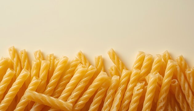 Uncooked gemelli pasta with glossy spiral texture arranged on light background for culinary branding and minimalist food visuals