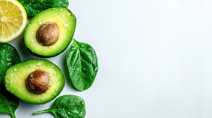 Whole and cut avocados on wooden table, closeup