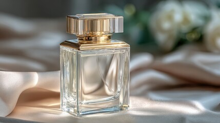 A glass bottle of perfume with a black cap on a plain background