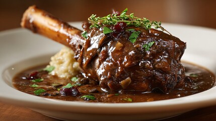 Braised lamb shank photographed side-on, beige background, refined plating