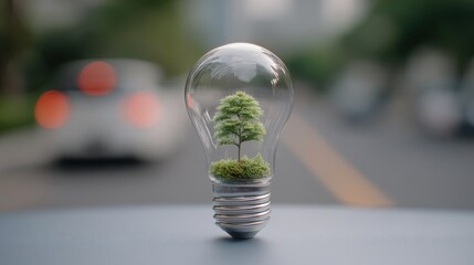 The bulb is located on the inside with leaves forest and the trees are in the light. Concepts of environmental conservation and global warming plant growing inside lamp bulb over dry