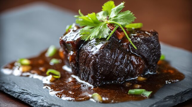 Braised beef cheek presented simply, pale stone surface