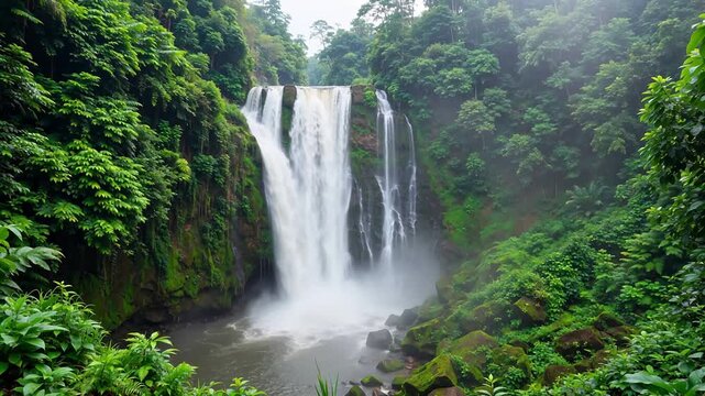 Majestic waterfall cascades down lush green cliffs into a misty pool below