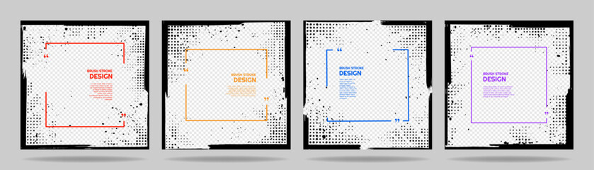 Fototapeta premium Vector illustration. Set of creative quote frames with brush strokes, halftone dots, and paint splatters. Grunge aesthetic square templates with empty space for photo or text. Trendy black ink design