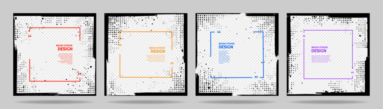 Vector illustration. Set of creative quote frames with brush strokes, halftone dots, and paint splatters. Grunge aesthetic square templates with empty space for photo or text. Trendy black ink design