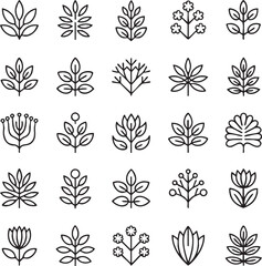 Collection of 25 black and white line plant line plant botanical leaves