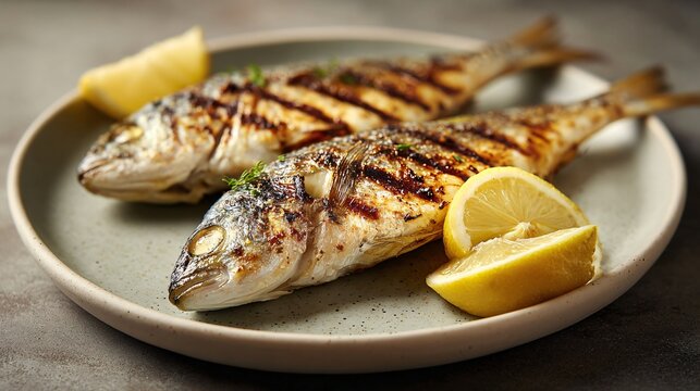 Grilled sea bass with lemon accent on matte neutral plate, clean editorial composition