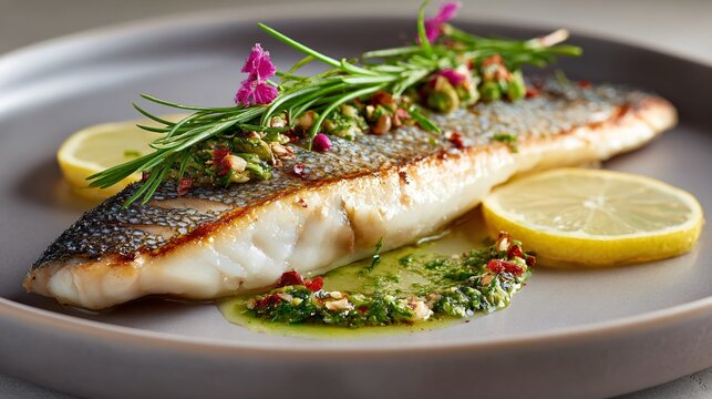 Grilled sea bass with lemon accent on matte neutral plate, clean editorial composition