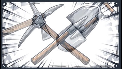 Crossed pickaxe and shovel, symbolic tools for digging, construction, mining, and exploration