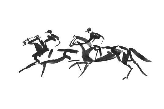 Abstract silhouette drawing of race horse and jockey, hand drawn watercolour sketch