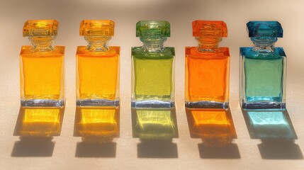 A glass bottle of perfume with a black cap on a plain background