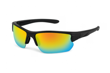 Sport sunglasses with polarized reflective lenses on transparent background