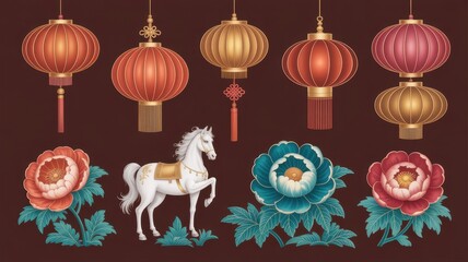 Included in the Chinese New Year 2026 icon set are lanterns and horse clouds. 

