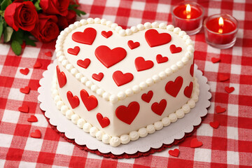 Heart-shaped Valentine&rsquo;s Day cake decorated with red hearts on a checkered tablecloth, romantic dessert concept celebrating love, sweetness, and special occasions.