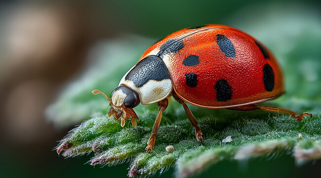 A ladybug crawls atop a vibrant green leaf, showcasing its bright red shell adorned with distinct black spots in vivid detail. - Powered by Adobe