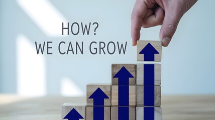 Business growth concept with wooden blocks and blue arrows