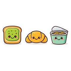 Kawaii Cute Breakfast Food Set &ndash; Cartoon Toast, Croissant and Noodles Characters