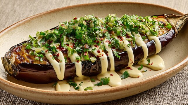 Roasted eggplant with tahini drizzle on beige ceramic, modern restaurant style