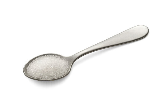 Spoon holding white granulated sugar, transparent background