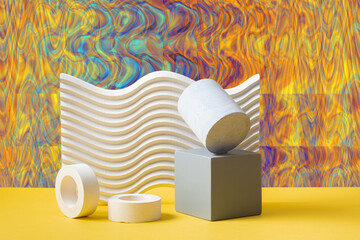 still life. Abstract three-dimensional compositions of geometric shapes on a colorful psychedelic...