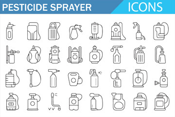 Pesticide Sprayer Icons Set, Agricultural Spray Equipment and Garden Pest Control Tools Line Illustration