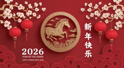 Naklejka premium Chinese new year 2026 year of the horse celebration with lanterns and flowers 