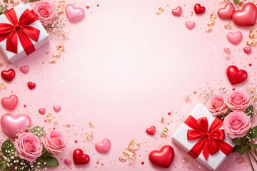 Romantic Valentine&rsquo;s Day background with pink roses, heart decorations and gift boxes forming a festive frame, perfect for love messages, greetings and elegant seasonal designs.