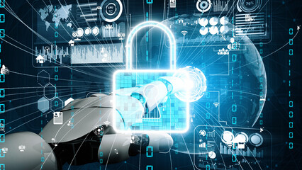 A robotic hand interacts with a digital lock symbol, surrounded by data streams and global connectivity icons, symbolizing the evolution of cyber security in technology. Xenic