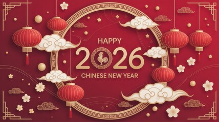 Naklejka premium Happy Chinese New Year 2026 — Red and Gold Festive Background 