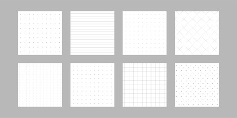 Diary sheet and page template set. Notebook or bullet journal. Lined and grid patterns for writing and notes. Printable Vector illustration.