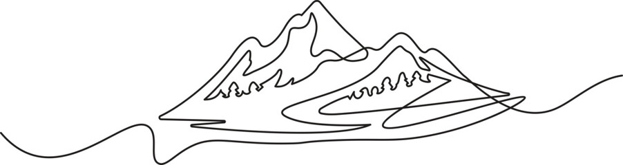 Modern single line illustration clean outline style of a detailed mountain landscape with winding paths for active lifestyle and outdoor sports