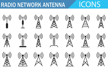 Radio Tower and Wireless Signal Icons Set, Telecom Illustration