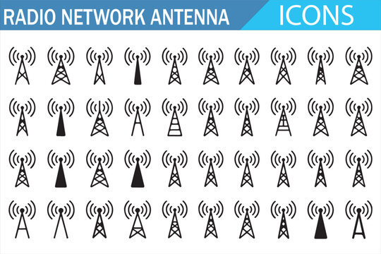 Communication Antenna Icons for Radio, Network, and Broadcasting