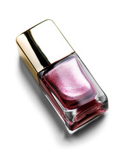 Nail polish bottle, purple, pink glitter nailpolish, manicure concept. Enamel, varnish isolated on white background. Beauty salon, nail care product. Nail art. Top view. Flat lay, vertical photo