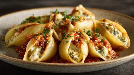 Stuffed pasta shells plated in small cluster, neutral ceramic plate