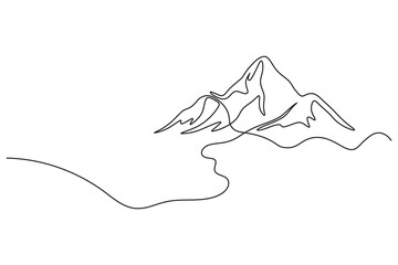 Single continuous line art minimal illustration of graceful mountain slopes and a winding trail for wanderlust and travel themes © aftabul2001