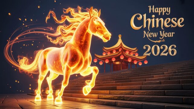 Glowing Fire Horse Crossing an Ancient Stone Bridge with Pagoda Backdrop for Chinese New Year 2026 
