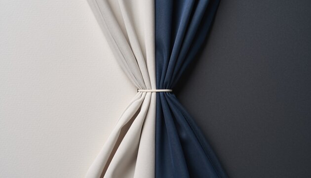 Two pieces of fabric, one light beige and one dark blue, elegantly tied together in the middle, creating a striking contrast and symmetrical drape.