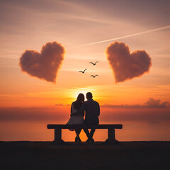 lovely couple sitting on a bench at sunset, Valentine's Day