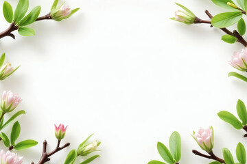 Green spring leaves and pink blossoms border horizontal layout