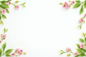 Light spring leaves and pink blossoms background with copy space