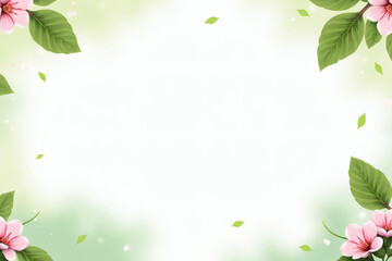 Green leaves and pink blooms spring frame on white