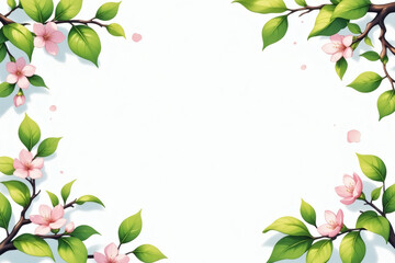 Fresh spring leaves and pink flowers frame on white