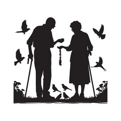 Elderly couple feeding birds in a park silhouette with transparent background nature