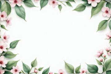 Spring leaves and small pink flowers border on white background