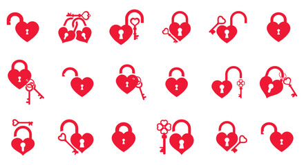 Heart lock and key icon set. Love padlock and vintage skeleton key silhouettes for Valentine’s Day, romance and wedding themes. Vector collection.
